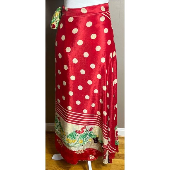 Wrap Sari Skirt Red Maxi Reversible Layers Chiffon Satin Boho Gypsy Womens 1 Sz - Picture 3 of 8